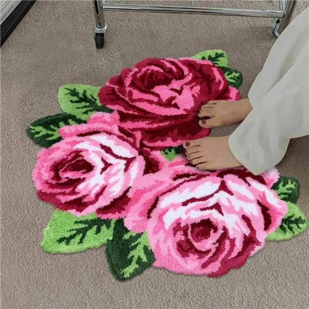 Rose Shaped Rug Pink Luxury Shaggy Toilet Bath Mat Non-Slip Machine-Washable